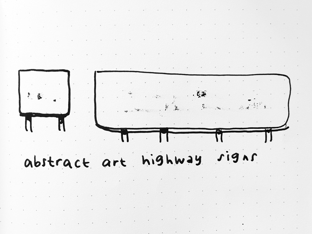 A drawing of pen schmutzes and two billboards turning them into abstract art